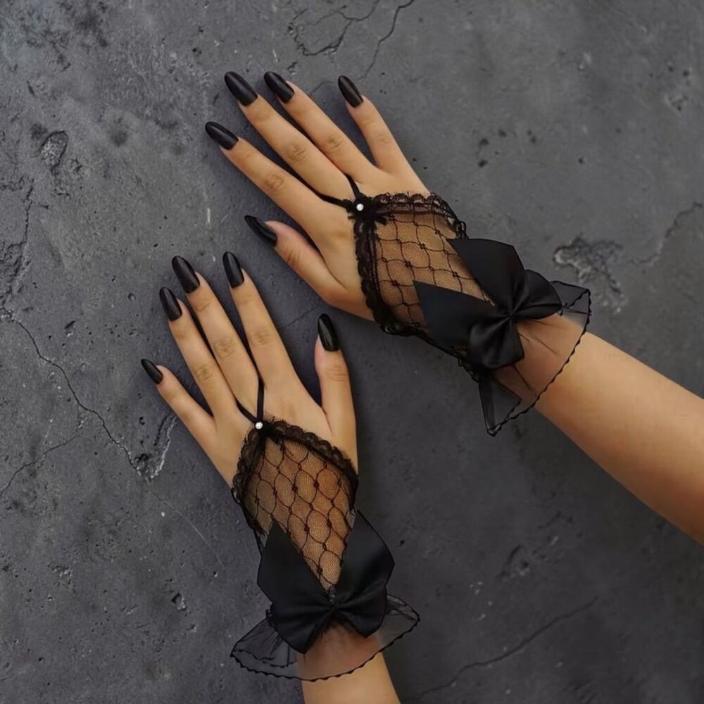 Black Y2K Punk Lace Fingerless Gloves with Bows Elegant Gothic Wrist Accessories